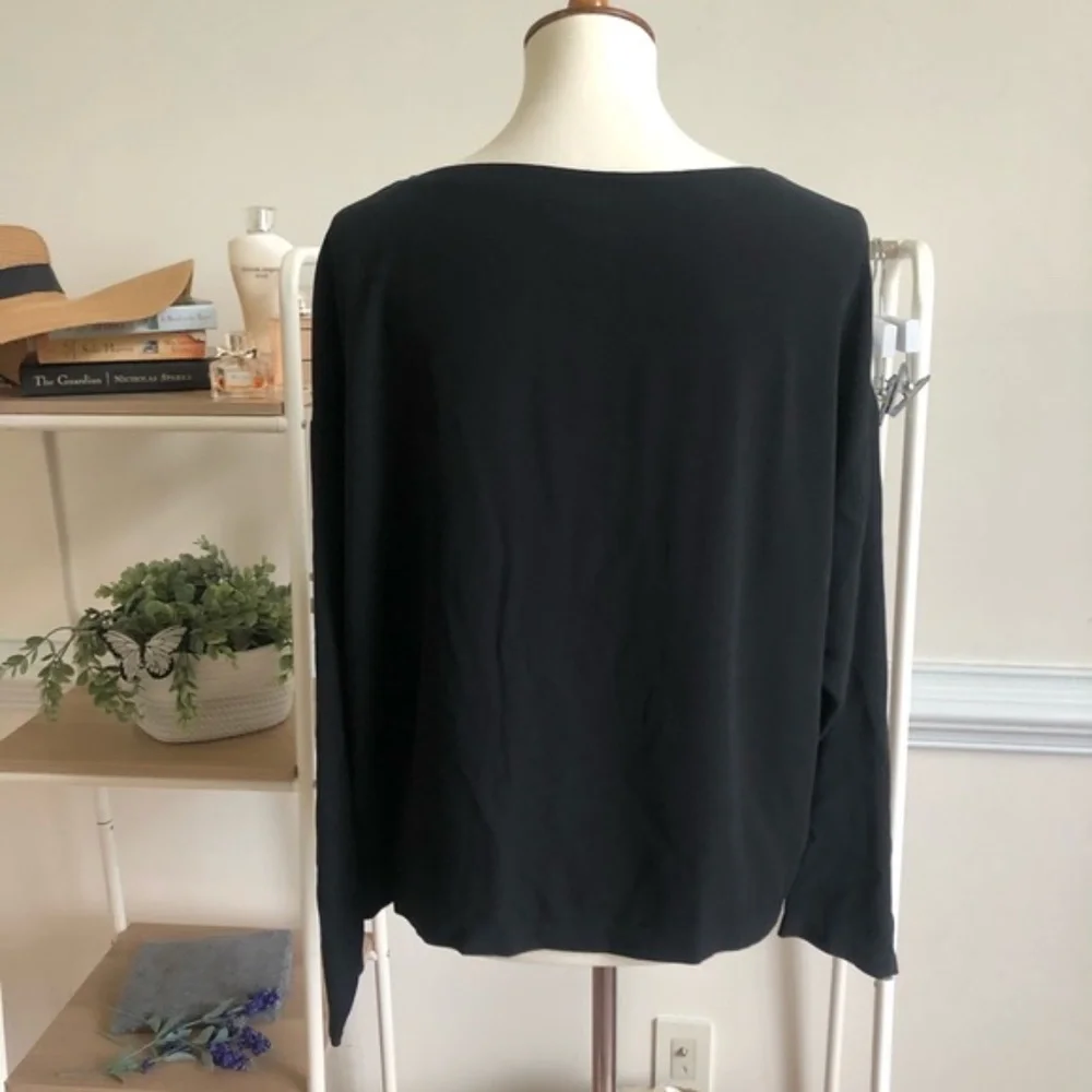 Eileen Fisher black georgette crepe silk long sleeve box top blouse - Picture 4 of 6